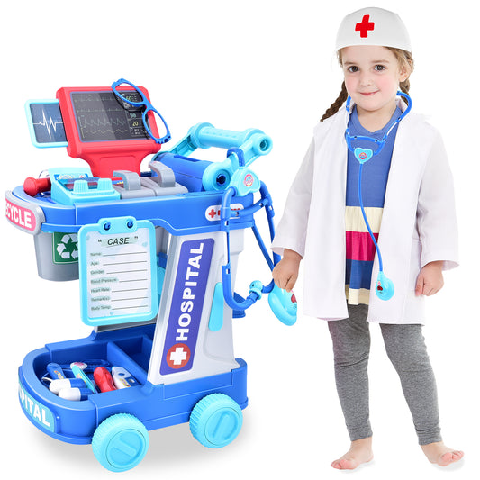 Casrra Kids Doctor Medical Kit for Kids Doctors Set and Dentist Play Set with Cart, Costume, and Stethoscope - Pretend Play Toys for Toddlers 3-5, Doctor Toys Clinic and Playset for Girls and Boys