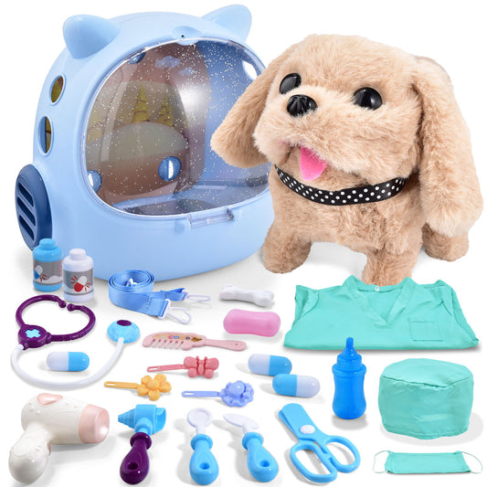 Casrra 25 Piece Kids Dog Toy Doctor Set, Interactive Plush Walking Barking Puppy Veterinarian Kit Carrier Play House Set with Pet Care Backpack - ABS Material Toys