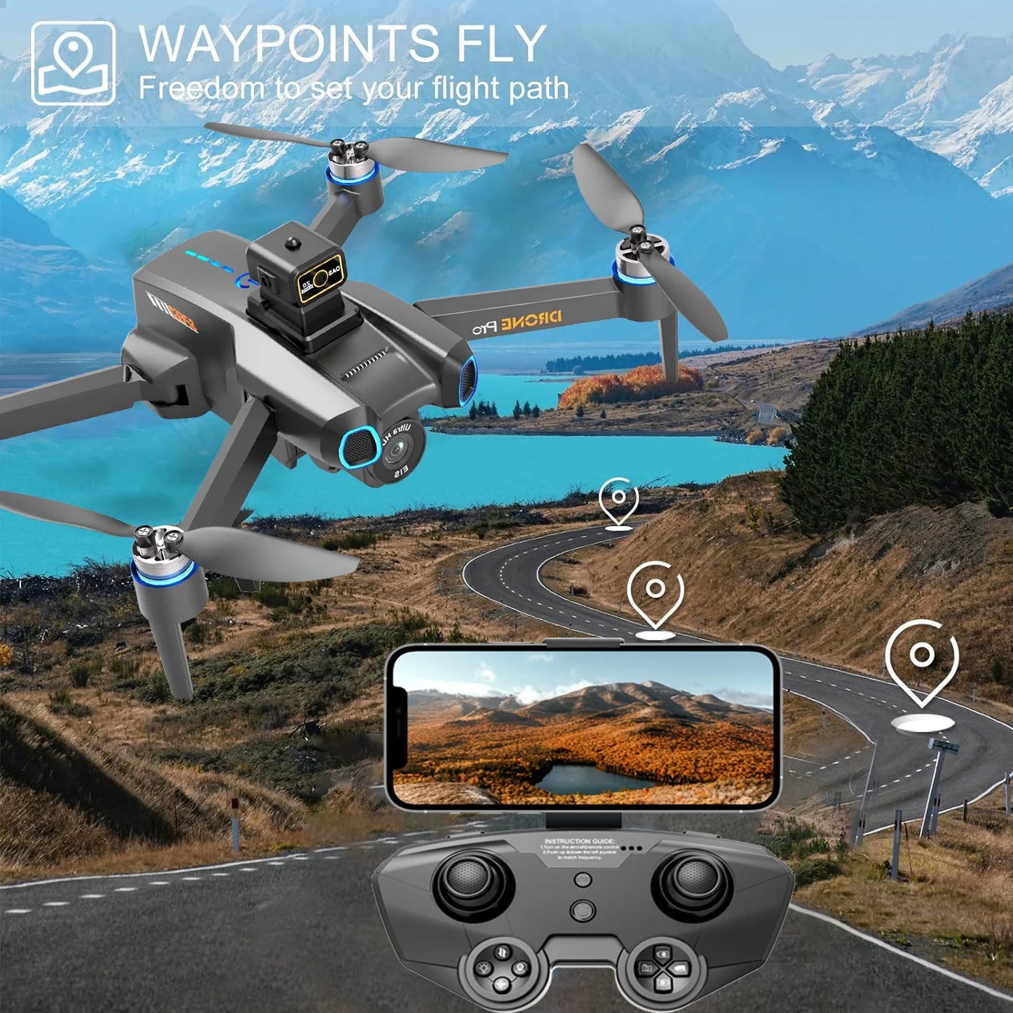 Casrra Four-Axis Brushless Drone 1080P HD FPV Camera Wifi RC Quadcopter, 360° Flip, Waypoint Flight, for Kids Adult and Beginners Black，2 Batteries