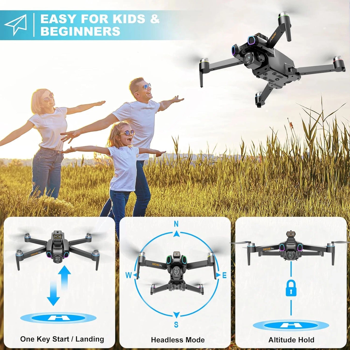 Casrra Four-Axis Brushless Drone 1080P HD FPV Camera Wifi RC Quadcopter, 360° Flip, Waypoint Flight, for Kids Adult and Beginners Black，2 Batteries