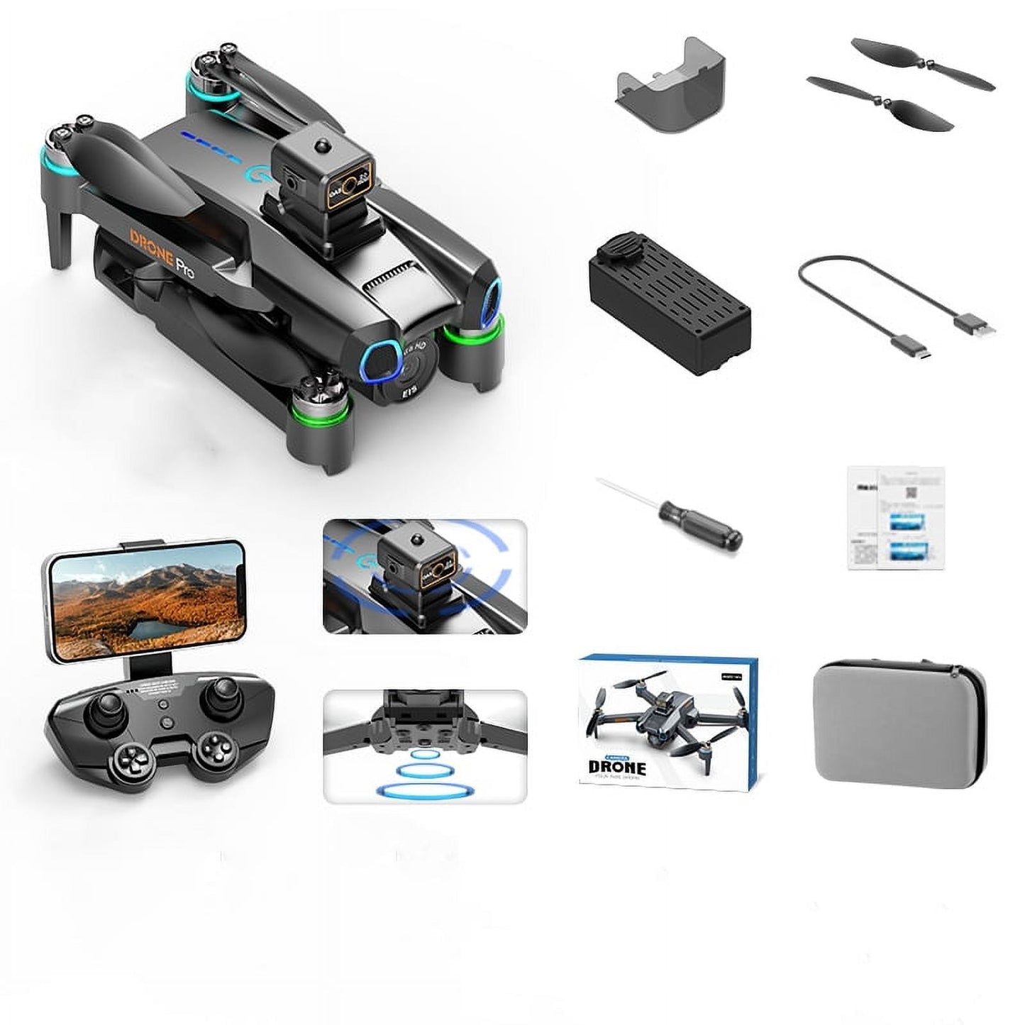 Casrra Four-Axis Brushless Drone 1080P HD FPV Camera Wifi RC Quadcopter, 360° Flip, Waypoint Flight, for Kids Adult and Beginners Black，2 Batteries